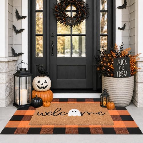 Halloween Decor Doormat Combo Set, Welcome Ghost Coco Coir Welcome Mat + 28" x 43" Orange and Black Plaid Rug, Autumn Halloween Front Porch Entryway Decor Floor Mat - Image 3