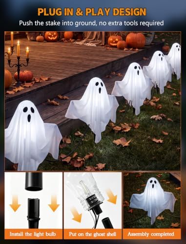 Halloween Ghost Pathway Lights 11.5FT, 4 White Glowing Ghost Garden Stakes - Image 4