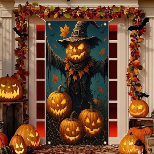 BlissYard Halloween Pumpkin Scarecrow Door Cover 35x71 Inch Polyester - Image 2