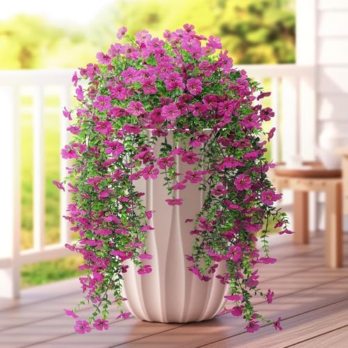 Artificial Fake Hanging Flowers Plant Summer Decoration for Outdoor Faux Silk Daisy with Eucalyptus 4 Pcs Realistic UV Resistant Indoor Outside Garden Porch Patio Balcony Yard Farmhouse9(Light Purple) - Image 5