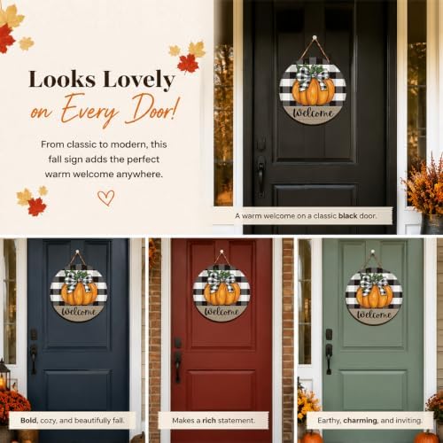 Fall Door Decor Wooden Pumpkin Welcome Sign, Buffalo Plaid Door Hanger - Image 4