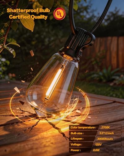 30FT Outdoor String Lights, ST38 LED Bulbs Waterproof Dimmable - Image 3