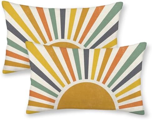 Summer Pillow Covers 12x20 Inch Set of 2, Stripes Yellow Sunshine Decorations Outdoor Throw Pillows Boho Outdoor Rainbow Sun Pillowcase Linen Decor Cute Lumbar Cushion Case for Home Bedroom by JEFERSO