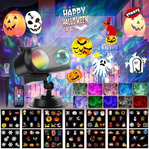 Halloween Christmas Projector Lights Outdoor, Brighter 14 HD Slides (3D Ocean Wave+Patterns) Waterproof Outdoor Indoor Holiday Projector Lights for Yard Garden Light Show Xmas Halloween Decorations by ENJOYPET