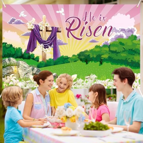 Large He is Risen Easter Banner Decorations Flag Outdoor 72x44 Inch, Cross Sign Christian Jesus Lily Flowers Banner for Indoor Home House Decor Party Supplies, Spring Yard Sign Background for Photography - Image 4