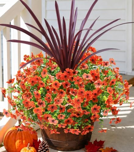 Fall Flowers Artificial Mums for Outdoors Autumn Decor, 12 Bundles Orange Fake Fall Mums with 1 pcs Burgundy Orchid Leaf UV Resistant Look Real Faux Flowers for Outside Planter Home Porch Patio Yard by florisso