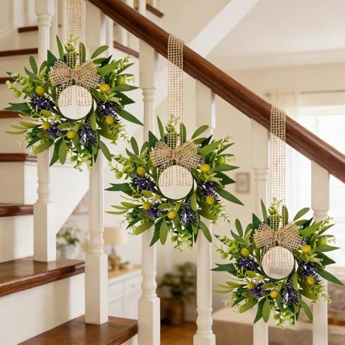 6 PCS Green Eucalyptus Olive Swag Wreaths for Pillars Spring Summer Greenery Kitchen Cabinet Wreaths Mini Green Boxwood Leaves Wreath with Ribbon for Front Door Porch Wall Window Farmhouse Decoration - Image 6