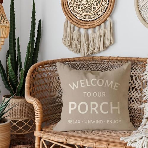 Outdoor Farmhouse Decorative Throw Pillow Covers 18x18 Inch Set of 2 Welcome to Our Porch This is Our Happy Place Beige Cushion Case Decoration for Patio Furniture Couch Front Porch Decor - Image 6