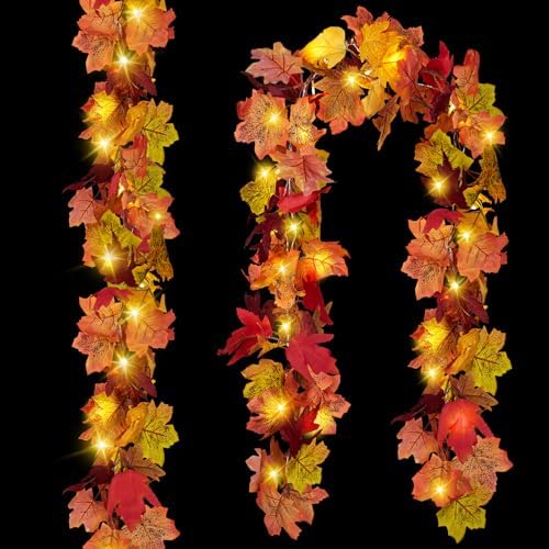CQURE 2 Pack Fall Leaf Garland with Lights,Fall Decor Halloween Lights Artificial Maple Leaves Autumn Garland Hanging Vines Thanksgiving Decor for Home Christmas Autumn by CQURE