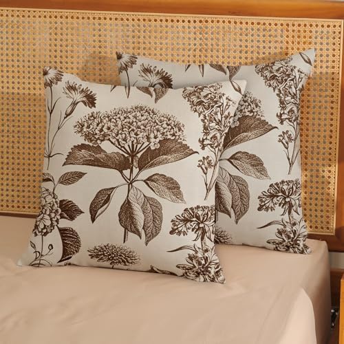 Brown Pillow Covers 18x18 Inch 2 Pcs Boho Vintage Floral Decor Throw Pillows Hydrangea Flower Seasonal Outdoor Farmhouse Neutral Accent Decoration Pillowcase Linen Cushion Cover for Couch - Image 2