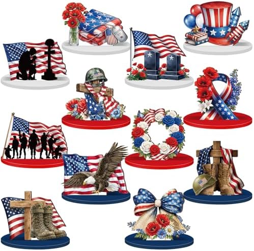Amyhill 12 Pcs Independence Day Table Decorations Wooden Tabletop Centerpiece Wooden Table Sign for Tiered Tray Fiesta Carnival Party by Amyhill