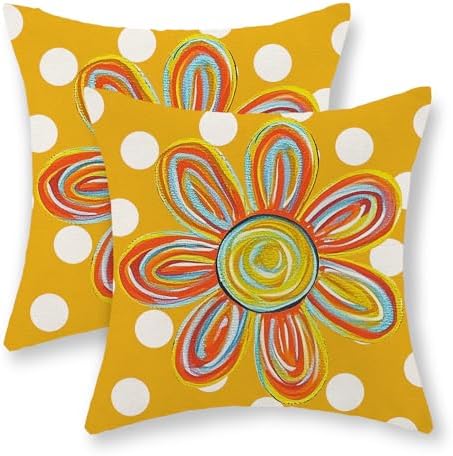 Summer Pillow Covers 18x18 Inch Set of 2 Polka Dots Watercolor Yellow Sunshine Flower Decorative Throw Pillows Boho Outdoor Sun Pillowcase Linen Farmhouse Cushion Case Decor for Home Bedroom by JEFERSO
