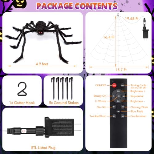 OCATO 200" Halloween Decorations Spider Web Lights Outdoor +59" Fake Spider - Image 7