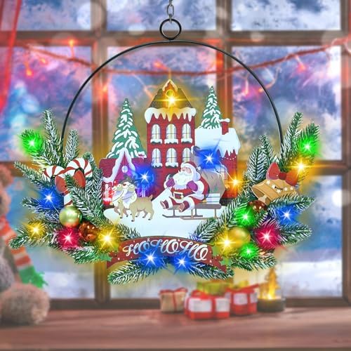 Pre-Lit Christmas Wreath for Front Door, Lighted Witch with 6H On/18H Off - Image 4