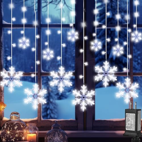 Christmas Snowflake Curtain String Lights, 10.2FT 156LED Icicle Lights for Outside with 12 Drops, 8 Modes Waterproof Connectable Fairy Window Light for Eaves, Garden, Yard, Indoor Outdoor Xmas Decor by cerflyer