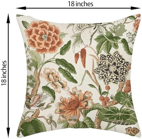 Sage Green Boho Pillow Covers 18x18 Inch 2 Pcs Chinoiserie Burnt Orange Floral Bird Decor Throw Pillows Vintage Flower Seasonal Outdoor Farmhouse Pillowcase Linen Cushion Cover for Couch Sofa - Image 6