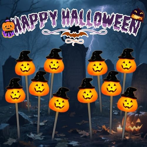 BRIGHTDECK Halloween Pumpkin Stake Lights, Set of 10 Solar Pumpkin Lights, Waterproof Halloween Decorations for Outdoor Garden and Yard (Hat Pumpkin) - Image 4