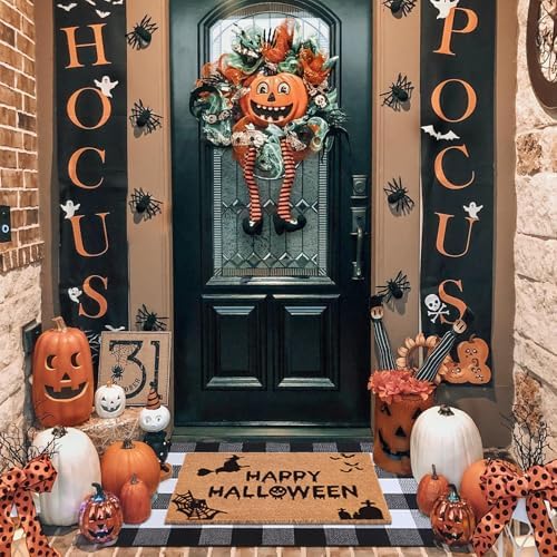 Homydecor Halloween Decor Doormat Combo Set, 100 Percent Coco Coir Welcome Mat + 28X43 Inches Black and White Plaid Rug - Halloween Front Porch Entryway Decor Floor Mat, Outdoor Mats Happy Halloween - Image 3