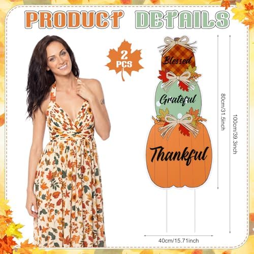 Thyle 2 Pcs Large Fall Front Porch Decoration Outdoor Pumpkin Porch Sign Yard Stake Outside Autumn Garden Stakes Harvest Welcome Decor Blessed Thankful Yard Signs for Front Door Garden Patio Lawn - Image 2