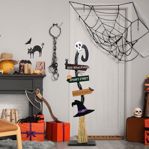 Halloween Decorations |Lighted Witch's Broom Halloween Wooden Porch Sign | Spooky Light Up Witch Decorations Sign for Indoor Outdoor Yard Decor - Image 4