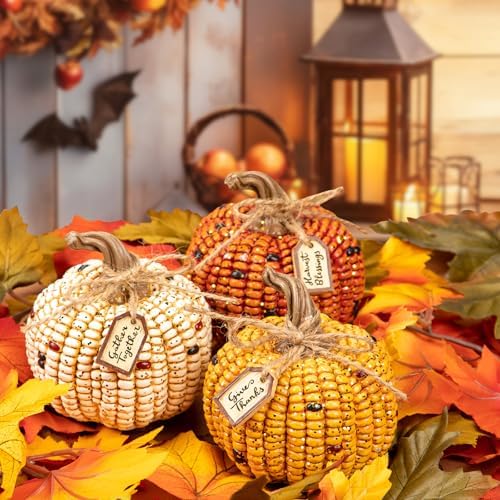 Briful 3-Piece Resin Corn Pumpkin Set Fall Decor - Image 4