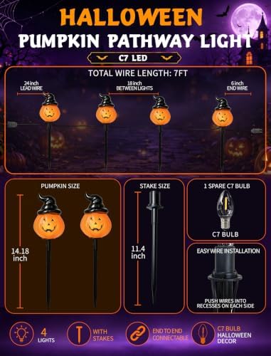 Halloween Pumpkin Pathway Lights, 4PCS Jack-o-Lantern Stakes - Image 2