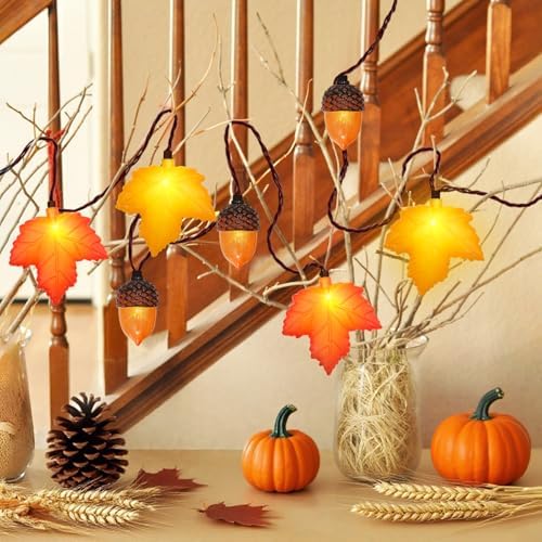 Couah 8.5 FT 3D Orange Maple Leaf & Acorn Lights with 10 LED Plug in Fall String Lights for Indoor and Outdoor Home Bedroom Autumn Party Harvest Fall Decorations - Image 6