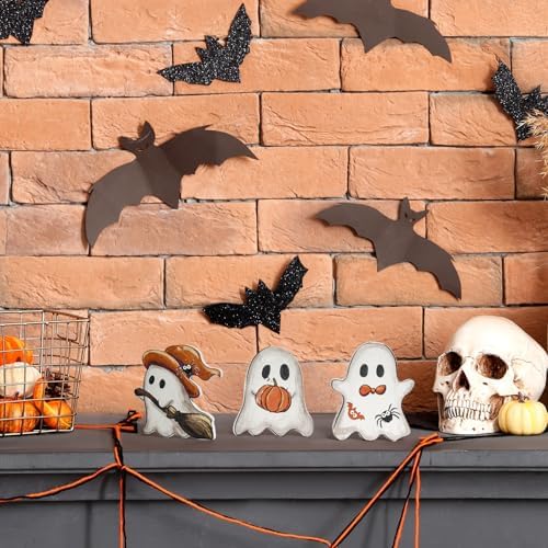 Smile 3 Pcs Wooden Blocks Signs, Happy Halloween Ghost Indoor Decor - Image 3