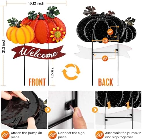 Fall Decorations for Home Outdoor - 21.2" Metal Pumpkin Yard Stakes with 2-Pumpkin Welcome Sign & Glitter Sunflower - Decorative Garden Stakes for Outside Garden Yard Lawn Patio Porch Decor - Image 4