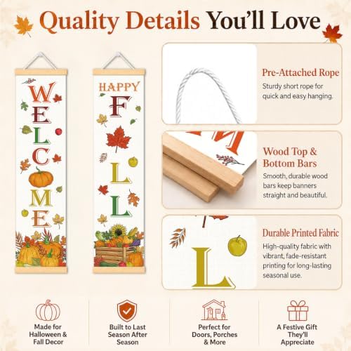 Autumn Door Banner Set of 2, Pumpkin Harvest Porch Decor for Home - Image 3
