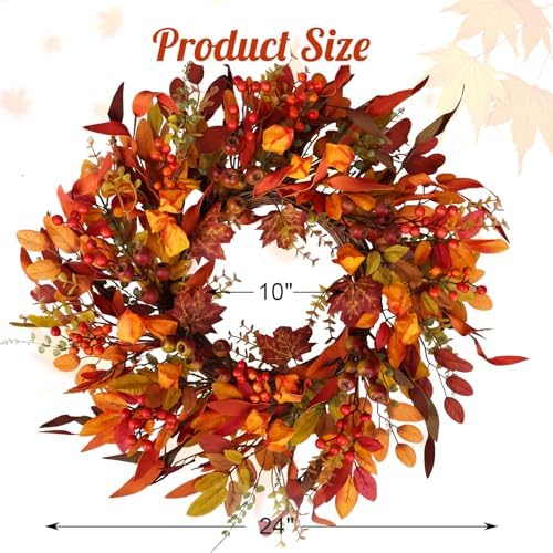 24 inch Berry Branches Fall Wreath for Front Door with Colorful Leaves - Image 5