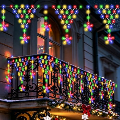 (New) Outdoor Christmas Lights, 13.8ft 218 LED Christmas Curtain Lights, Icicle String Lights with 11 Drop Stars for Curtain, Indoor, Garden, Patio, Wedding, New Year, Home Decoration - Multicolor by FUNIAO