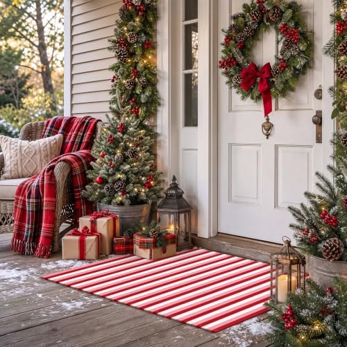 Moucuny 2'4'' X 3'7'' Christmas Red Pink White Vertical Stripe Outdoor Rug - Image 5