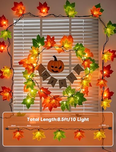 Maple Leaf String Lights Thanksgiving Decorations, Fall Garland Lights String with 35 LED Orange Yellow Green Lights for Connectable Display Indoor Outdoor Fall Decor Halloween Decorations - Image 2