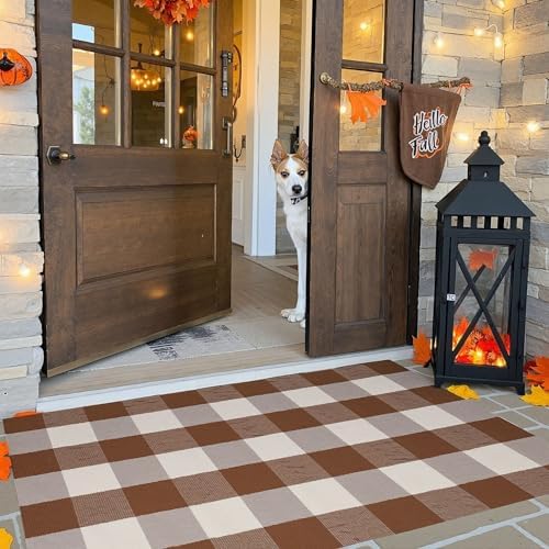 Fall Decor Buffalo Plaid Outdoor Rug 27.5" x 43" Coffee and White Checkered Area Rug Washable Fall Doormats Indoor Outdoor Rugs for Layered Front Door Mats, Porch, Entryway, Kitchen, Farmhouse - Image 5