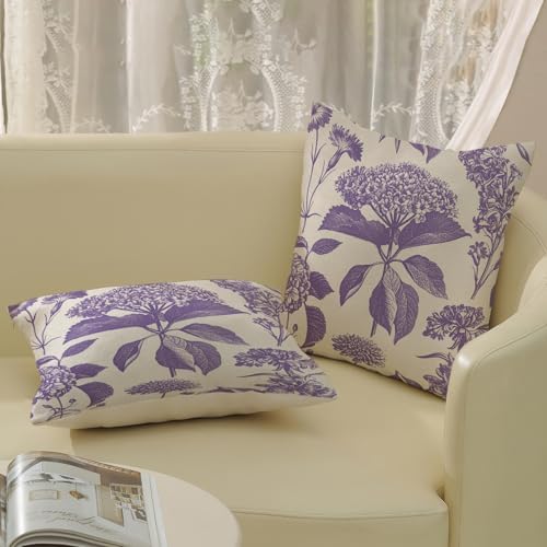 Purple Pillow Covers 16x16 Inch 2 Pcs Boho Vintage Floral Decor Throw Pillows Hydrangea Flower Seasonal Outdoor Farmhouse Neutral Accent Decoration Pillowcase Linen Cushion Cover for Sofa - Image 4