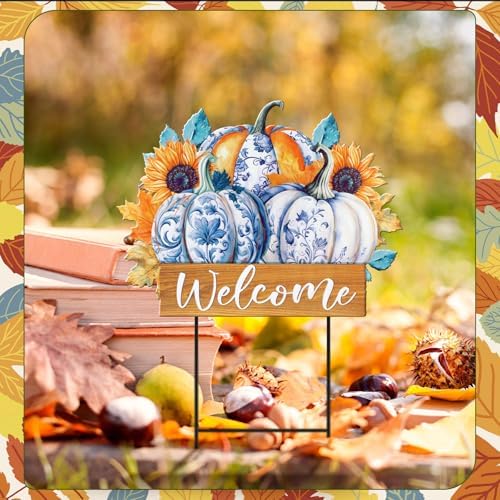 Yuntau Blue White Pumpkin Yard Stake 24 Inch Metal Fall Welcome Sign - Image 3