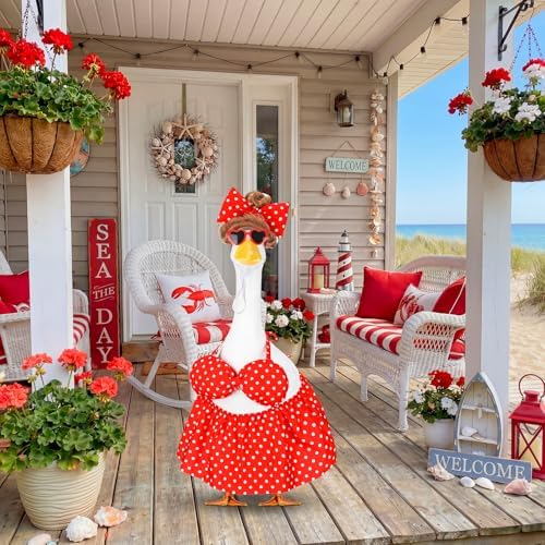 Abbylike Summer Bikini Porch Goose Outfit Red Polka Dot Bikini Yard Goose Hawaiian Clothes with Sunglasses and Curls Wigs Fits Large 23'' H Cement for Outdoor Garden Patio Pathway Statue Art Decor - Image 5