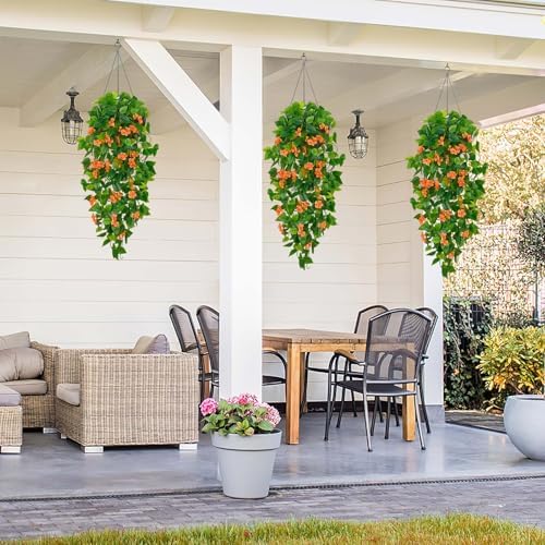BLEUM CADE Artificial Hanging Flowers for Outdoors, 2pcs Fake Hanging Plants Pothos Vines with Orange Flowers for Wall Home Living Room Indoor Outdoor Fall Decor (No Baskets) - Image 5