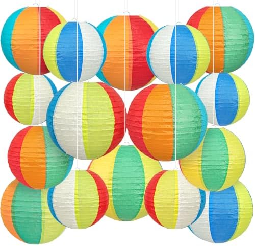 Beach Ball Paper Lanterns, Pool Party Decorations, 16 Pcs Colorful 8" & 10" Hanging Lanterns for Summer Party, Beach Birthday Party, Classroom & Office Decor by Dimhut