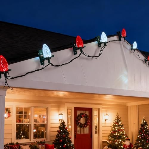 Dazzle Bright C9 Christmas String Lights, 100 LED 66 FT Waterproof Connectable Fairy Lights with 100 Spring Clips Timer, Christmas Decoration for Outdoor Roofline Home Garden Yard Tree (Red & White) - Image 6