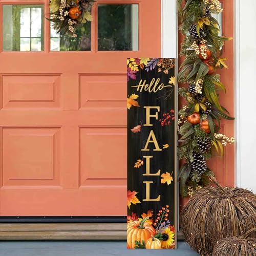 Hello Fall Porch Sign for Front Door, Autumn Wooden Welcome Sign with Maple Leaves Pumpkin for Front Porch Decorations, Fall Garden Decor Outdoor Hanging Signs Wall Sign 31.5"H by PEROUU