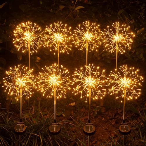 Solar Garden Lights Outdoor Yard Decorations, 8 Pack 150Leds Pathway Lights, Fairy Firework Stake Light for Garden, Patio, Pathway, Flowerbed Gold Color by WhereLightInspires