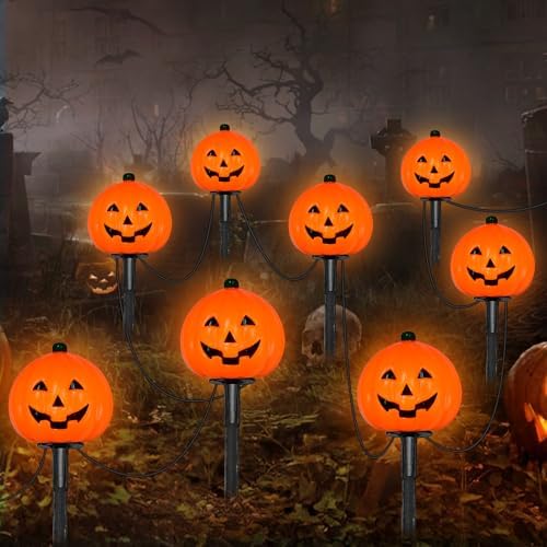 2 Sets 7Ft Halloween Decorations Pathway Lights Outdoor Pumpkin Stake Lights with 8 Jack-O Lantern Pumpkin Lights, 5 C7 LED Bulbs and 8 Stakes for Walkway Driveway Garden Lawn Lighting and Decor - Image 3