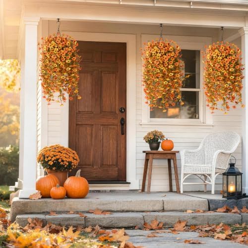 Artificial Fall Flowers Fake Mums UV Hanging Plants for Outdoors Decor - Image 7