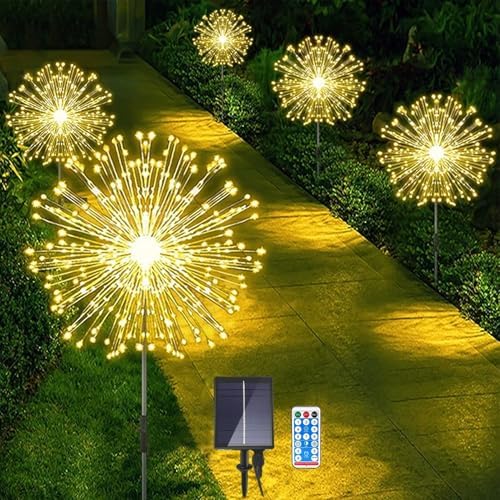 Solar Garden Firework Lights Outdoor, 5 Pack 600 LED 8 Lighting Modes Waterproof Landscape Decorative Sparklers Twinkling Starburst Lights for Yard Pathway Walkway Christmas, Warm White - Image 2