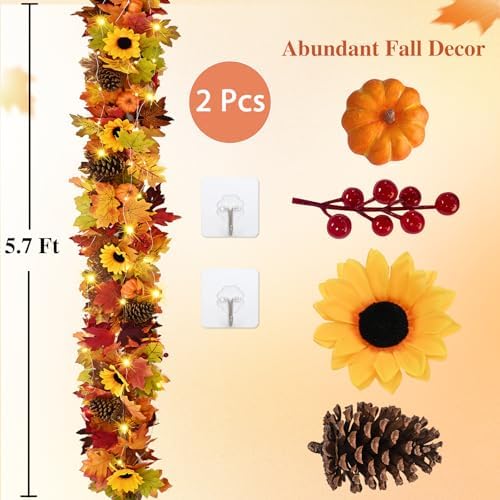 2 Pcs Fall Garland with Lights - 5.7 Ft Lighted Autumn Sunflower Garland - Image 5