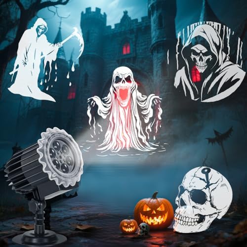 Christmas Projector Lights Outdoor, 3D Halloween Dynamic Rotating Skull Ghost Skeleton Decorations Indoor,Waterproof Holiday Light for Window,2025 Latest Terror Atmosphere Maker for Door,Garage by Avokadol