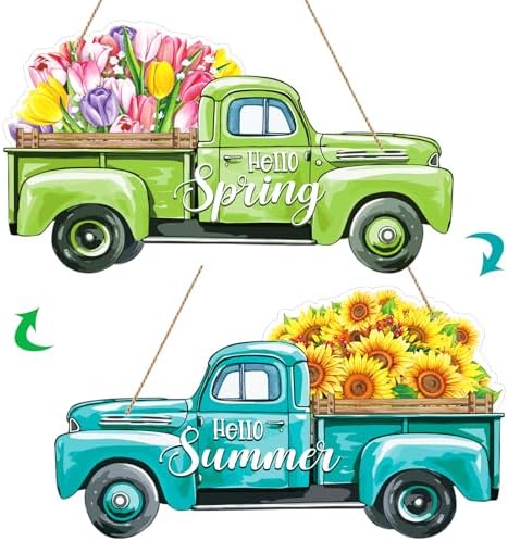 WaaHome Reversible Sunflower Summer Sign and Hello Spring Wreath for Front Door Decor Truck Spring Summer Door Decorations for Home Farmhouse Welcome Door Sign Hanger by WaaHome