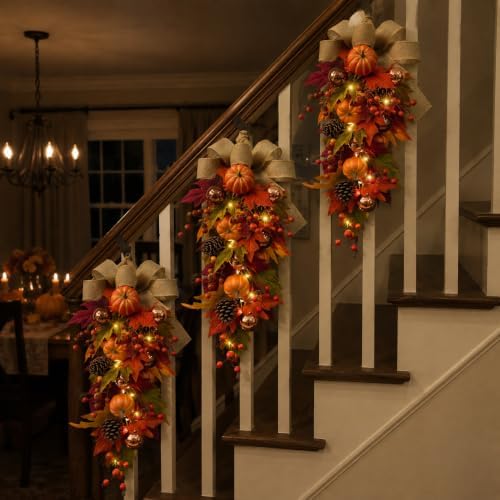 24" Pre-Lit Fall Teardrop Swag with 15 LED Lights & Timer, Pumpkins, Maple Leaves, Pinecones & Burlap Bow, Battery Operated Autumn Door Swag for Thanksgiving & Halloween Decor - Image 6